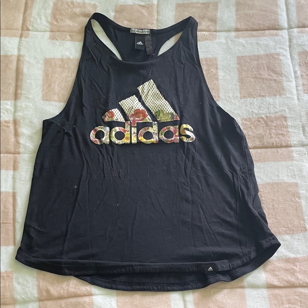 Adidas Women's Black Tank Top with Floral Logo
